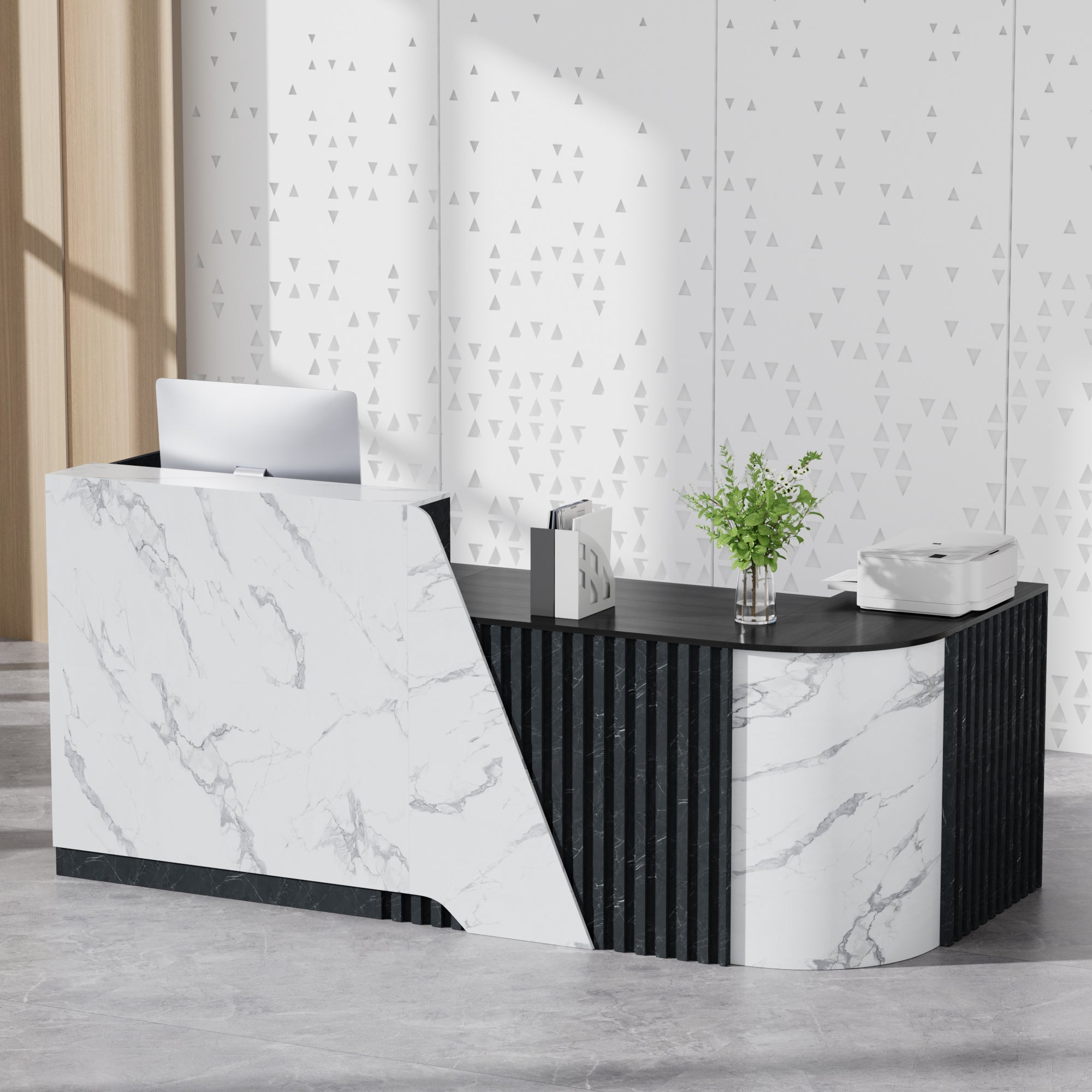 Haooyeah Left L-Shaped Reception Desk, Modern Front Desk Counter with Vertical Slat Panels, Lockable Drawer, Keyboard Tray & Storage Cabinet