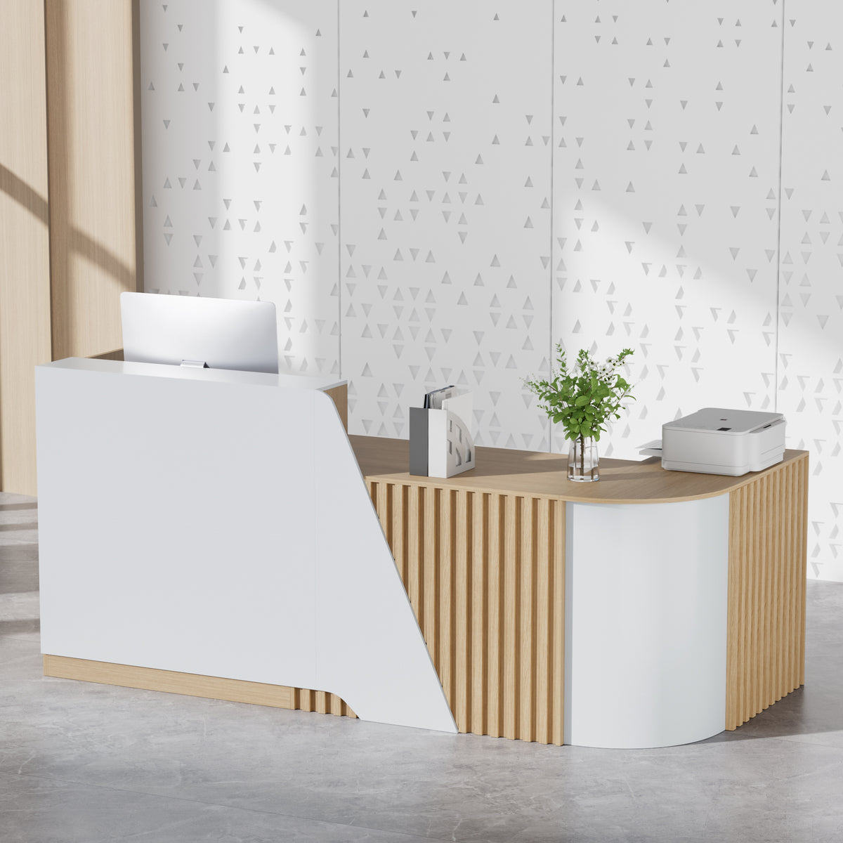 Haooyeah Left L-Shaped Reception Desk, Modern Front Desk Counter with Vertical Slat Panels, Lockable Drawer, Keyboard Tray & Storage Cabinet