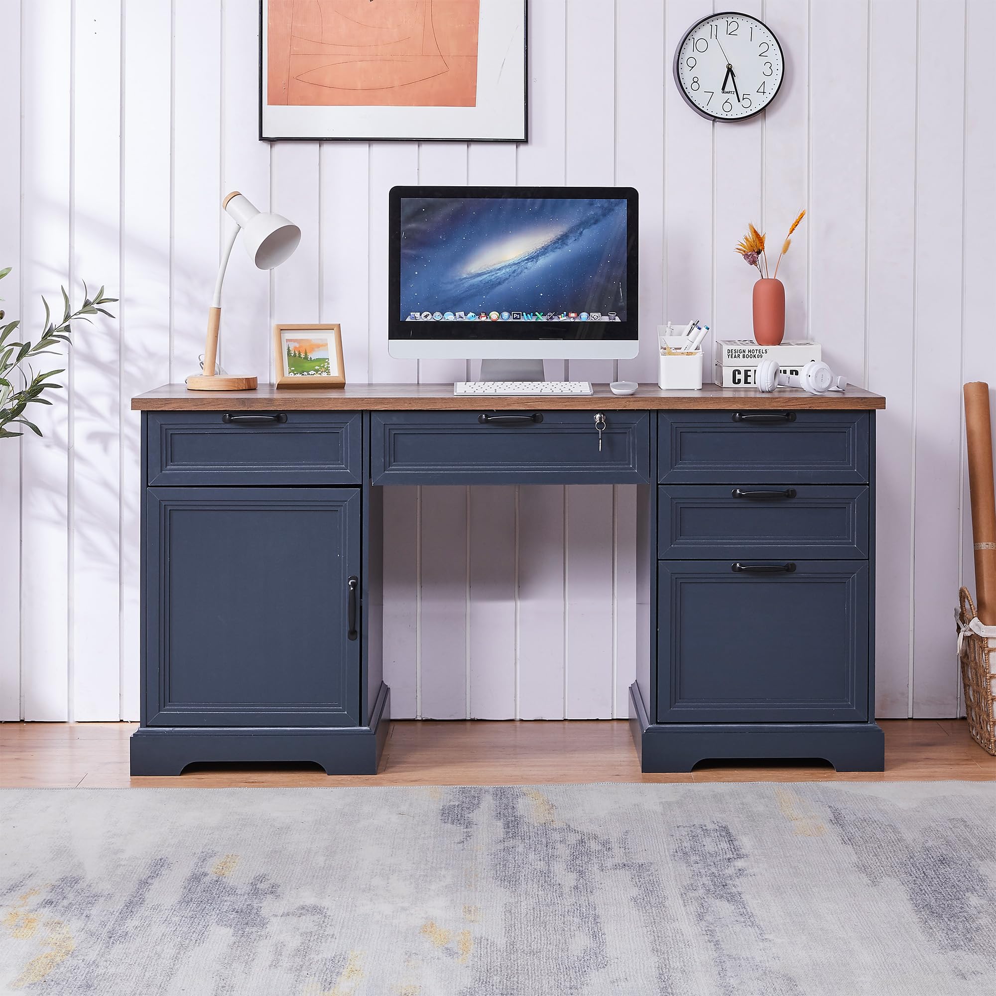 Haooyeah Farmhouse Executive Desk 60", Wood Office Desk with Drawers, File Cabinet, Charging Station