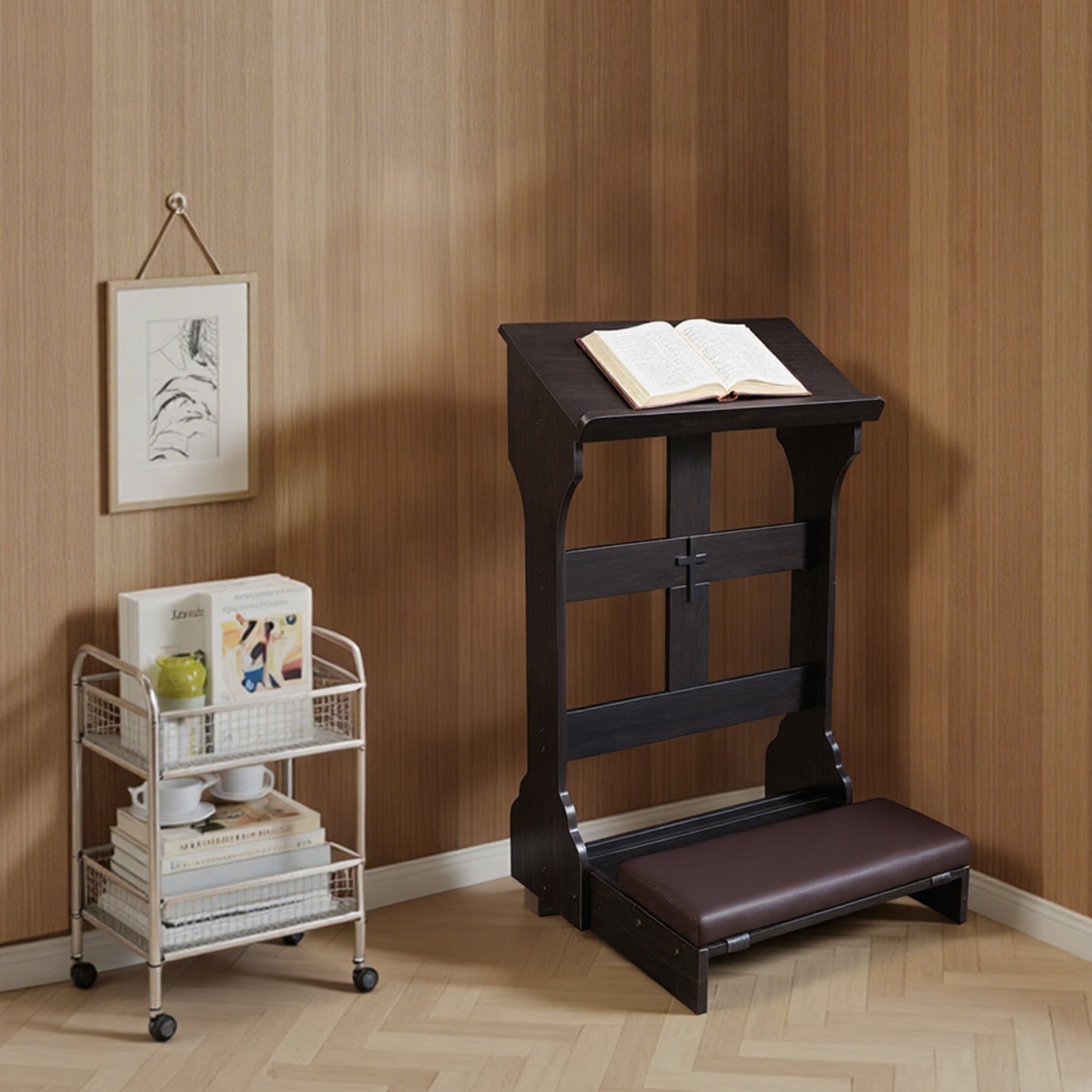Haooyeah Wooden Prayer Table Foldable Kneeler Bench 2.4" Thick Cushion Reinforced Steel Decorative Cross Rounded Book Stop Space-Saving Home Church