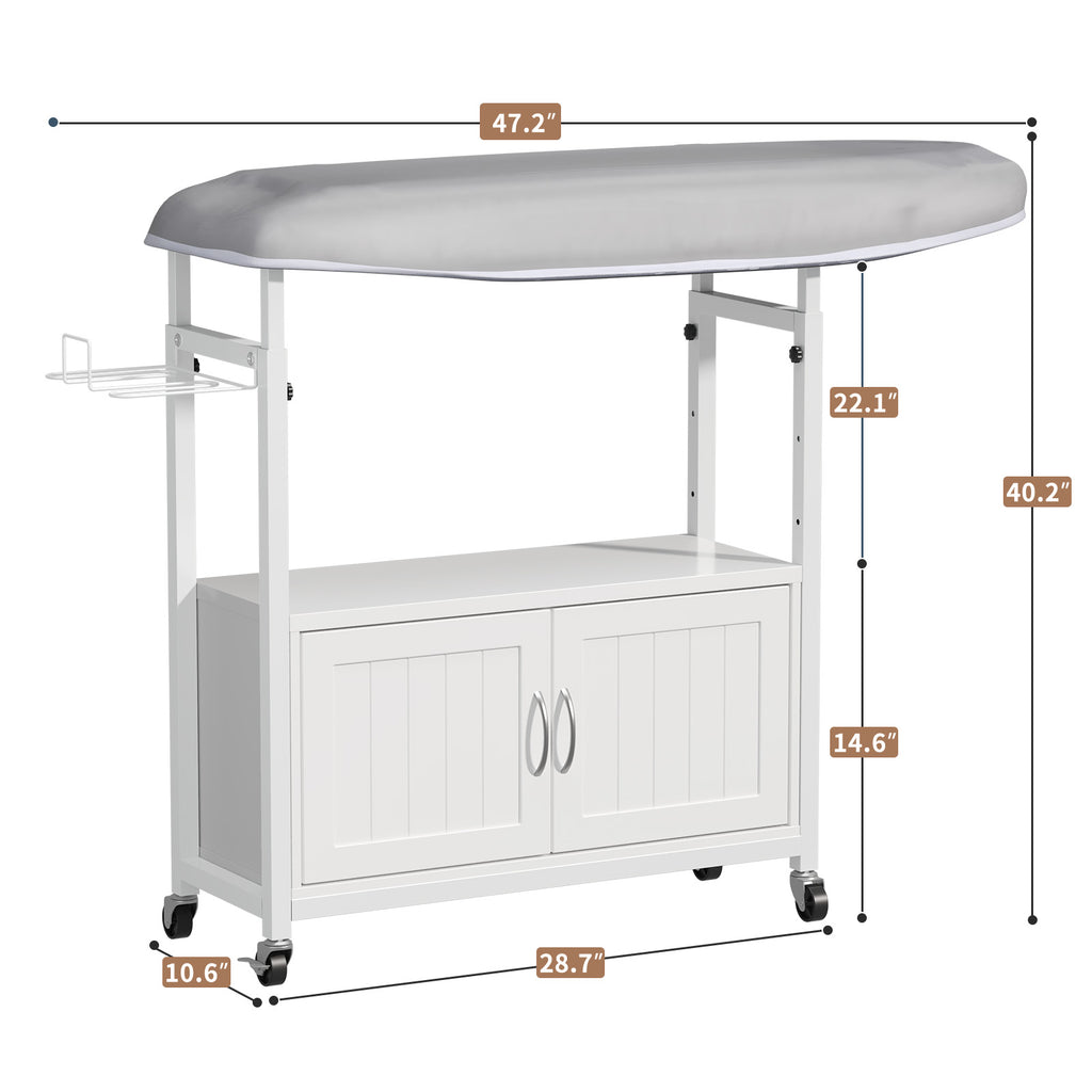 Haooyeah Ironing Board Cabinet with Storage, Foldable Ironing Table, Iron Holder, Rolling Casters, Height Adjustable, White